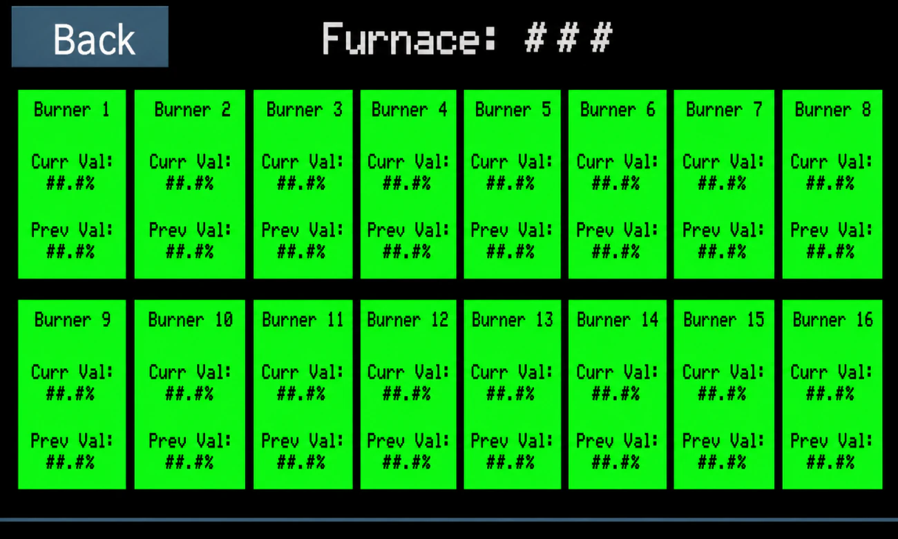 Tuning Device furnace overview showing live burner status tiles